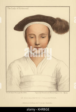 Marie, Dame de Richmond, fille de Thomas Howard, 3e duc de Norfolk. Plus tard, Mary FitzRoy, Duchesse de Richmond et Somerset, épouse d'Henry VIII, fils illégitime Henry Fitzroy. La gravure sur cuivre coloriée par Francis Bartolozzi après Hans Holbein à partir de fac-similés de dessins originaux de Hans Holbein, Hamilton, Adams, Londres, 1884. Banque D'Images