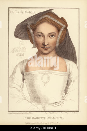 La dame Ratclif, épouse de Robert, comte de Sussex de l'Ratcliffes. Probablement l'érudit Mary Arundell (d.1557), seul enfant de Sir John Arundell de Cornwall. La gravure sur cuivre coloriée par Francis Bartolozzi après Hans Holbein à partir de fac-similés de dessins originaux de Hans Holbein, Hamilton, Adams, Londres, 1884. Banque D'Images