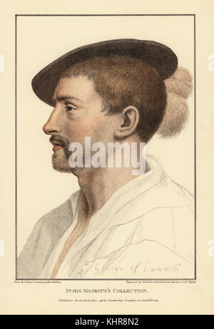 Simon George de Quocoute, Cornwall. Thomasine mariés Lanyon. La gravure sur cuivre coloriée par Francis Bartolozzi après Hans Holbein à partir de fac-similés de dessins originaux de Hans Holbein, Hamilton, Adams, Londres, 1884. Banque D'Images