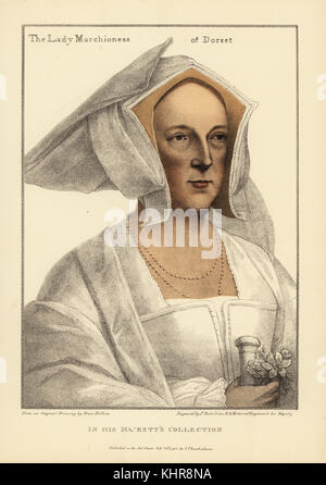 Margaret Wotton, marquise de Dorset, 1487-1541. Deuxième épouse de Thomas Gray, 2e Marquis de Dorset. Mal identifié comme Frances Wotton. La gravure sur cuivre coloriée par Francis Bartolozzi après Hans Holbein à partir de fac-similés de dessins originaux de Hans Holbein, Hamilton, Adams, Londres, 1884. Banque D'Images