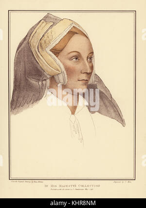 Margaret (née Abarrow), Lady Elyot, D. 1569. L'épouse de Sir Thomas Elyot, diplomate et érudit français. La gravure sur cuivre coloriée par Francis Bartolozzi après Hans Holbein à partir de fac-similés de dessins originaux de Hans Holbein, Hamilton, Adams, Londres, 1884. Banque D'Images