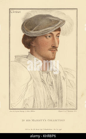 Edward Clinton, premier comte de Lincoln, Lord High Admiral, ambassadeur, courtisan, 1512-1584. La gravure sur cuivre coloriée par Francis Bartolozzi après Hans Holbein à partir de fac-similés de dessins originaux de Hans Holbein, Hamilton, Adams, Londres, 1884. Banque D'Images