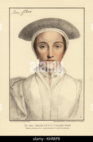 Anne de Clèves, 4ème épouse du Roi Henry VIII, 1515-1557. Parfois identifiés comme Amalia de Clèves. La gravure sur cuivre coloriée par Francis Bartolozzi après Hans Holbein à partir de fac-similés de dessins originaux de Hans Holbein, Hamilton, Adams, Londres, 1884. Banque D'Images