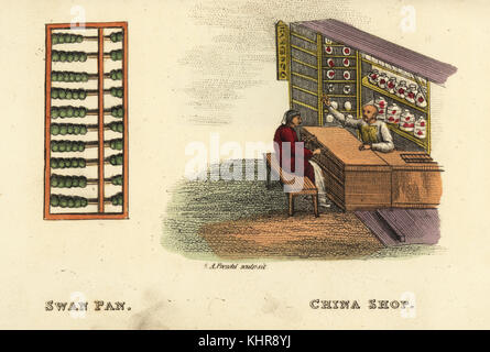 Swan chinois pan ou abacus, et magasin de poterie, Dynastie Qing. La gravure sur cuivre coloriée par Andrea Freschi après Antoine Cardon de Henri-Leonard-Jean-Baptiste Bertin et Jean Baptiste Joseph Breton's la Chine, ses costumes, Arts, Manufactures, etc., Howlett et Brimmer, Londres, 1824. Banque D'Images