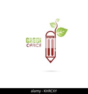 Stylos ou crayons, signer et à feuilles vertes vecteur icône logo design template.Green Office Template Design.green office idée concept.Design for Greeting Card,Po Illustration de Vecteur