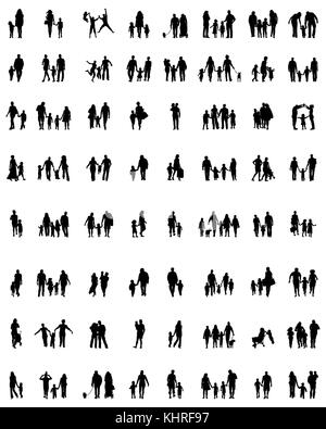 Silhouettes noires des familles en marchant sur un fond blanc Banque D'Images