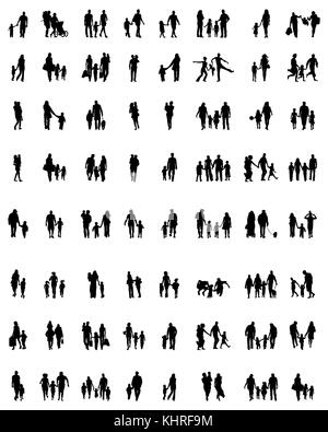 Silhouettes noires des familles en marchant sur un fond blanc Banque D'Images