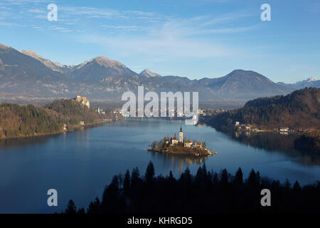 Portrait du lac de Bled et à l'église de marie la reine, situé sur une petite île au milieu du lac, Bled, Slovénie Banque D'Images