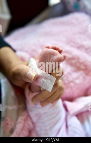 Nouveau-né pied de bébé après test sanguin PKU Banque D'Images