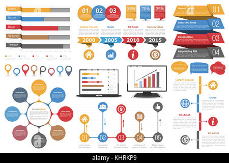 Ensemble d'éléments de conception infographique - graphiques à barres, les marqueurs de carte, diagramme circulaire, les bulles, l'échéancier, les objets avec des étapes ou d'options, de l'informatique et la Banque D'Images