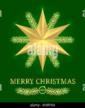 Joyeux Noël 2018. vecteur maison de bannière avec joyeux noël accueil en Golden et de couleur verte. golden shining star, texte et direction générale de l'épinette Illustration de Vecteur