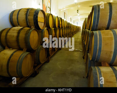 Des tonneaux de vin alignées dans la cave la salle de stockage. Banque D'Images