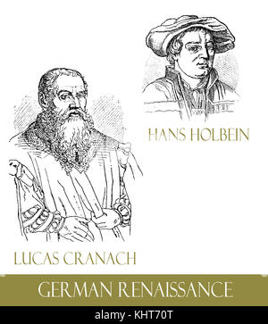 Artistes célèbres de la Renaissance allemande, Lucas Cranach et Hans Holbein, gravant des portraits Banque D'Images