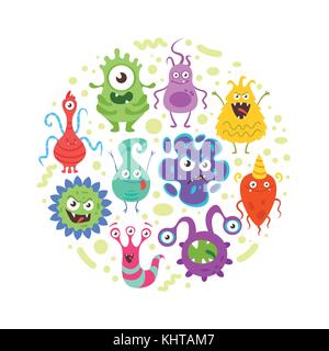 Vector cartoon style circle composition de personnages colorés bactéries drôle. bons et mauvais microbes flore. isolé sur fond blanc. Illustration de Vecteur