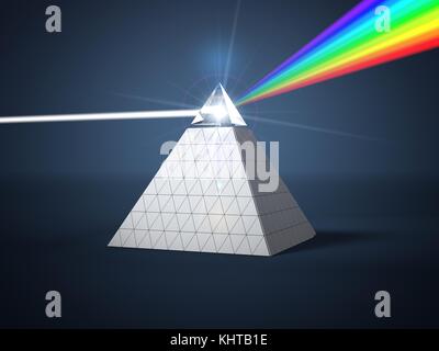 White light ray se disperser vers d'autres rayons de lumière de couleur via pyramide prisme. avec faisceau lumineux sur ray point d'arrêt. 3d illustration Banque D'Images