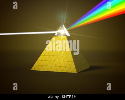 White light ray se disperser vers d'autres rayons de lumière de couleur via pyramide prisme. avec faisceau lumineux sur ray point d'arrêt. 3d illustration Banque D'Images