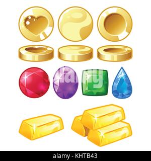 Vector cartoon style illustration de pièces d'or, brillants et colorés des barres d'or. isolé sur fond blanc. jeu utilisateur (GUI) elemen Illustration de Vecteur