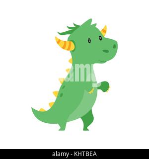 Vector illustration of cute cartoon style dragon vert isolé sur fond blanc. Illustration de Vecteur