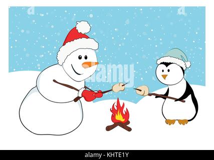 Un bonhomme et une torréfaction penguin guimauves. les personnages de dessins animés avec un fond de neige vacances d'hiver. un concept. Illustration de Vecteur