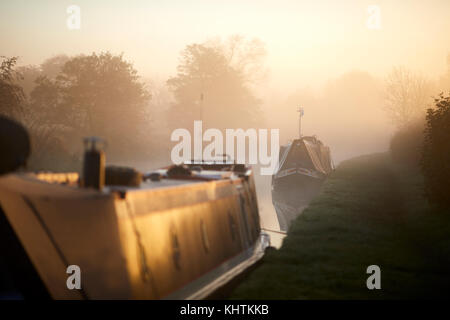 Matin d'automne brouillard brouillard Cheshire, Tiverton, Tarporley. Narrowboats amarré sur le côté de la pub sur le Chêne ombragé du canal de Shropshire Union Banque D'Images