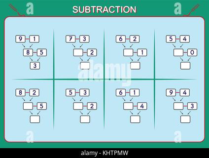 Votre pratique de la soustraction de 0 à 10, feuille de calcul pour les enfants Illustration de Vecteur