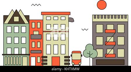 Dans un paysage de rue moderne de style design plat. quartier à la fois résidentiel et bâtiment, arbres et maisons Illustration de Vecteur