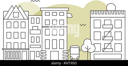 Paysage de rue moderne de style design contour plat. quartier à la fois résidentiel et bâtiment, arbres et maisons Illustration de Vecteur