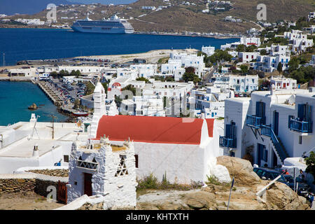 Vue sur Mykonos-ville, chora, île de Mykonos, Cyclades, Mer Égée, Grèce Banque D'Images