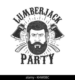 Lumberjack lumberjack. parti tête sur arrière-plan avec deux haches croisées. élément de conception de logo, étiquette, emblème, signe, d'un insigne d'illustration vectorielle. Banque D'Images