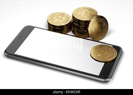 Avec un espace pour l'écran du smartphone design aléatoire entouré de pieux Bitcoin. Isolé sur blanc avec copyspace. Le rendu 3D Banque D'Images