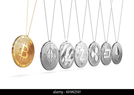 Le bitcoin newton's cradle optimise et accélère d'autres cryptocurrencies et d'avant en arrière. cryptocurrencies prix stimuler un de l'autre concept. 3d Banque D'Images
