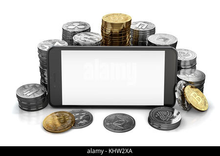 Avec un espace pour l'écran du smartphone design aléatoire entouré par différents cryptocurrencies pieux. Isolé sur blanc avec copyspace. Le rendu 3D Banque D'Images