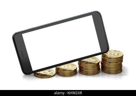 Avec un espace pour l'écran du smartphone design aléatoire portant sur le développement de piles de Bitcoins en or. Isolé sur blanc avec copyspace. Le rendu 3D Banque D'Images