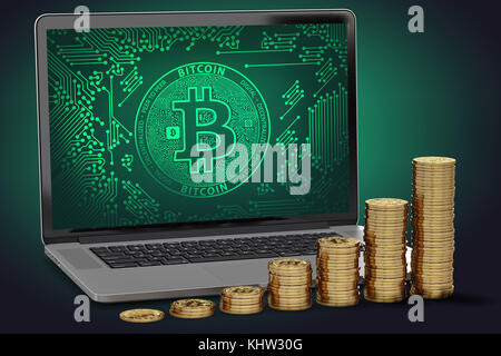 Des piles de plus en plus pose sur Bitcoin or clavier de l'ordinateur. Concept de valeur croissante des bitcoins. Le rendu 3D Banque D'Images