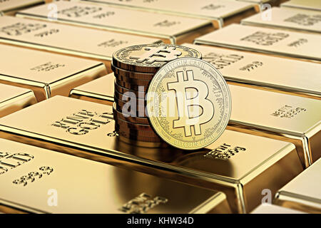 Paiement Bitcoin pose des pièces empilées sur barres d'or (lingots) rendus avec une faible profondeur de champ. Concept de cryptocurrency hautement souhaitable. Rend 3D Banque D'Images