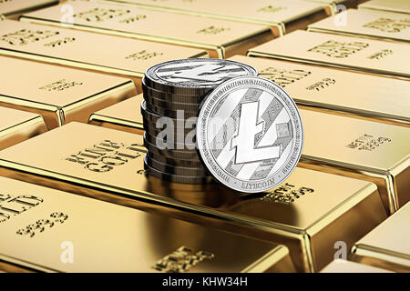Pièces de Litecoin reposant sur des lingots d'or empilés (lingots d'or) rendus avec une faible profondeur de champ. Concept de crypto-monnaie hautement souhaitable. Rendu 3D. Banque D'Images