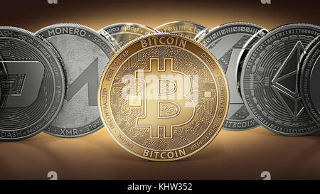 Différentes crypto-monnaies et un bitcoin d'or se tenant au milieu comme la crypto-monnaie la plus importante. Concept différent de crypto-monnaies. 3D il Banque D'Images