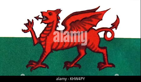 Illustration représentant le drapeau du pays de Galles (Cymru Baner ou Y Ddraig Goch) qui se compose d'un dragon rouge passant sur un champ vert et blanc. En date du 20e siècle Banque D'Images