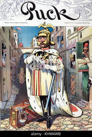 Caricature montrant l'empereur Guillaume II d'Allemagne (1859-1941), debout au milieu d'une étroite rue pavée, éventuellement en Italie (le Pape, le port de la couronne papale, est dans la rue, dans l'arrière-plan), en prenant une carte de visite portant la mention "Wilhelm" d'une petite poche dans la main gauche. Le drapeau français est suspendu au-dessus de la porte la mention "RF", sur la gauche, où un homme se penche par la fenêtre. L'Autriche semble être la prochaine porte à gauche, et d'autres dirigeants de se pencher hors de fenêtres des deux côtés de la rue. Wilhelm's pieds est une valise. Banque D'Images