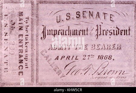 Permis d'assister à la procédure de destitution du président Andrew Johnson. Le président Andrew Johnson (1808-1875), 17 Président des États-Unis. En date du 19e siècle Banque D'Images