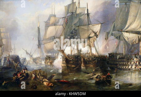 La peinture intitulée 'La Bataille de Trafalgar en 1805' par Clarkson Frederick Stanfield (1793-1867) un peintre de marine anglais. En date du 19e siècle Banque D'Images