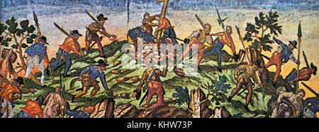 Peinture représentant Vasco Núñez de Balboa la plantation d'une croix sur l'Isthme de Panama. Vasco Núñez de Balboa (1475-1519), un explorateur espagnol, gouverneur, et conquistador. Il est surtout connu pour avoir traversé l'Isthme de Panama à l'océan Pacifique. En date du 16e siècle Banque D'Images