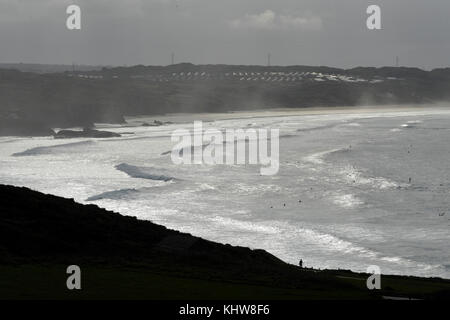 Godrevy Bay Cornwall novembre 2017 - vue sur la plage de Godrevy célèbre pour son surf Banque D'Images