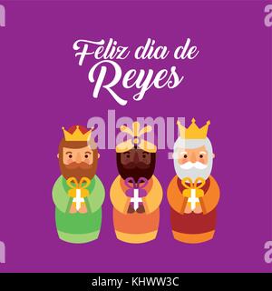 Feliz dia de los Reyes trois rois magiques apporter présente à Jésus Illustration de Vecteur