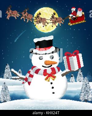 Le SNOWMAN avec boîte-cadeau de père noël volant Illustration de Vecteur
