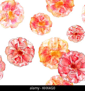 Un modèle sans couture avec aquarelles de fleurs de rose et roses d'or dans le style art nouveau, peintes à la main sur un fond blanc Banque D'Images