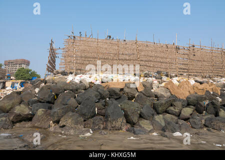 Des milliers de petits poissons séchant sur des supports dans le soleil à plage de versova, Mumbai Banque D'Images