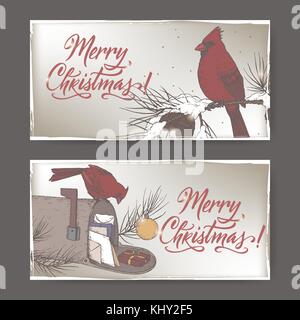 Couleur 2 bannières de Noël avec le cardinal d'oiseaux, boîte aux lettres, et de la direction générale des pins maison de vacances lettrage brosse Illustration de Vecteur