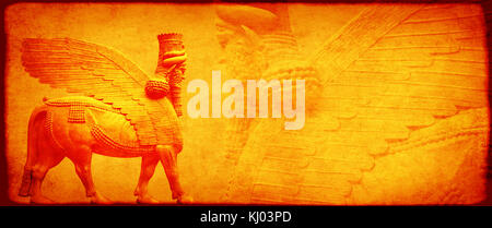 Grunge background avec texture du papier et à tête humaine - lamassu taureau ailé assyrien, statue divinité protectrice Banque D'Images