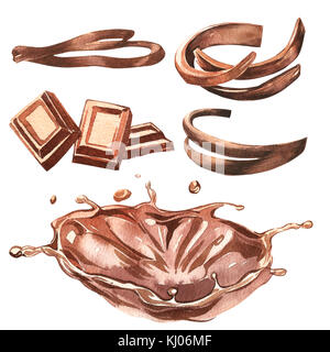 Ensemble de copeaux de chocolat et splash sur fond blanc.. Illustration de l'aquarelle à la main. Banque D'Images